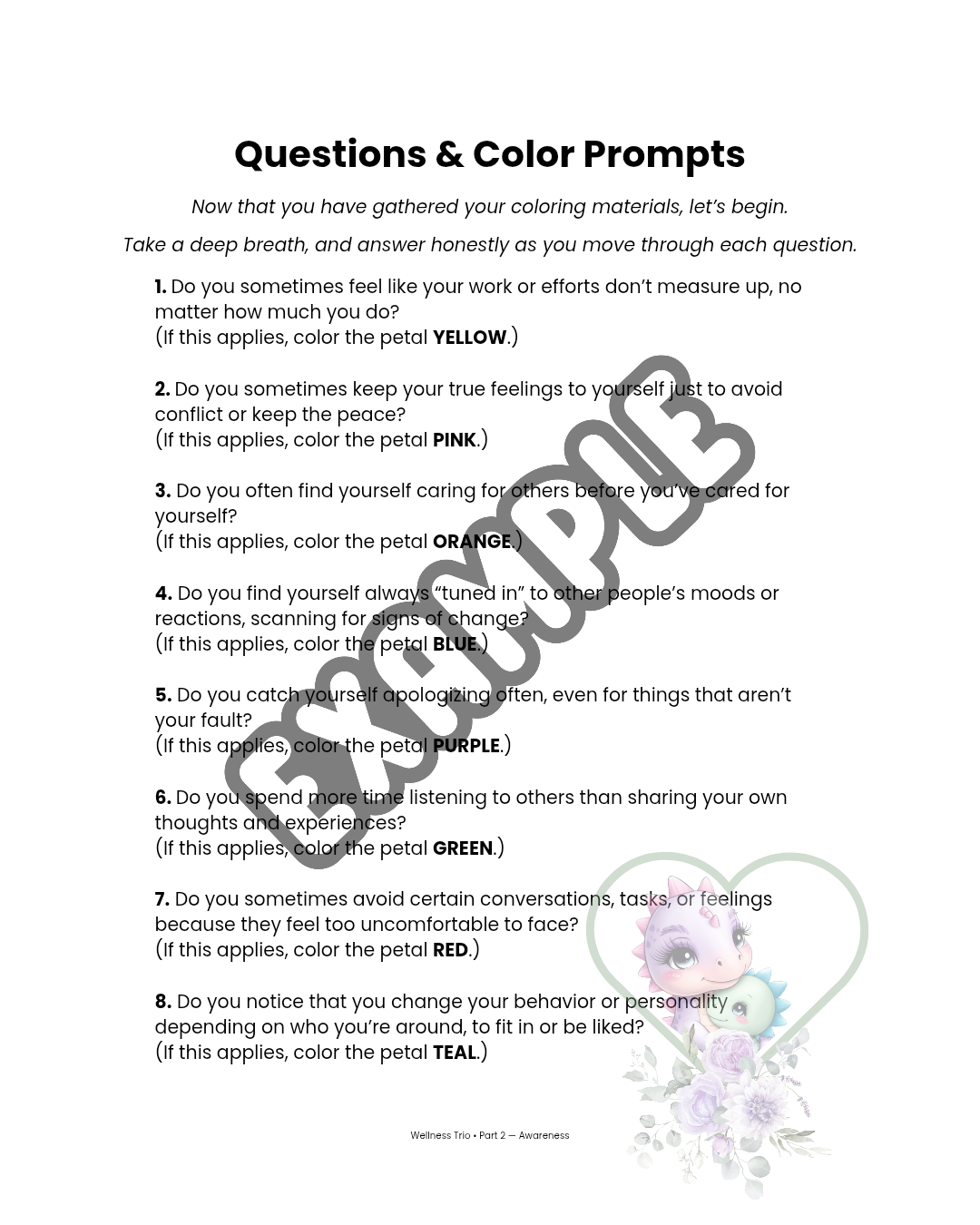 Questions & Color Prompts page from Healing Hues Guide. Features eight reflective questions with corresponding petal colors (yellow, pink, orange, blue, purple, green, red, teal). Illustrated with Mommy-Saurus and Baby-Saurus at the bottom right.