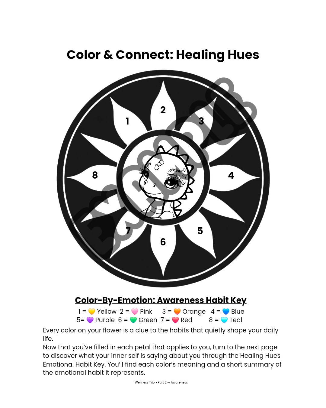 Color & Connect flower activity page from Healing Hues Guide. Shows an 8-petal flower with numbered petals for coloring, surrounding Baby-Saurus illustration. Includes Color-By-Emotion Habit Key with colors linked to habits such as Overachiever, Peacemaker, and Chameleon.