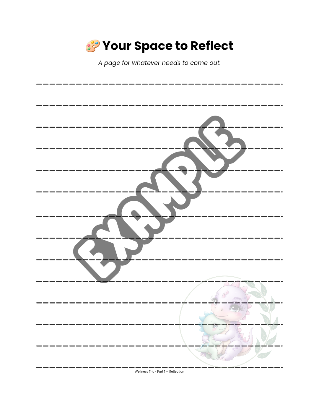Sample journaling page from Creating Space for Peace Reflection Guide. Lined page with Baby-Saurus illustration for open reflection and writing.