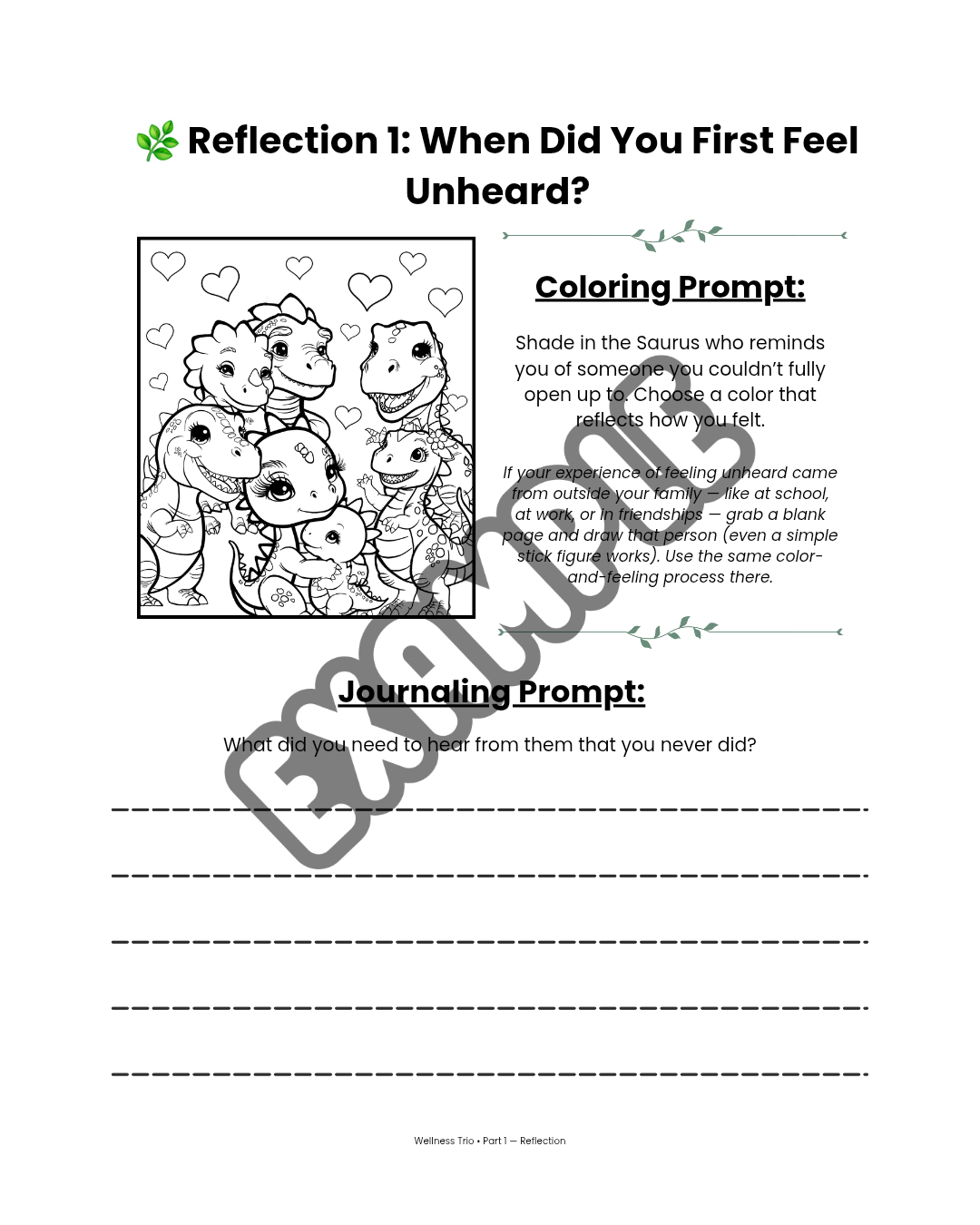 Sample reflection prompt page from Creating Space for Peace Reflection Guide. Coloring and journaling activity to explore the first time you felt unheard.